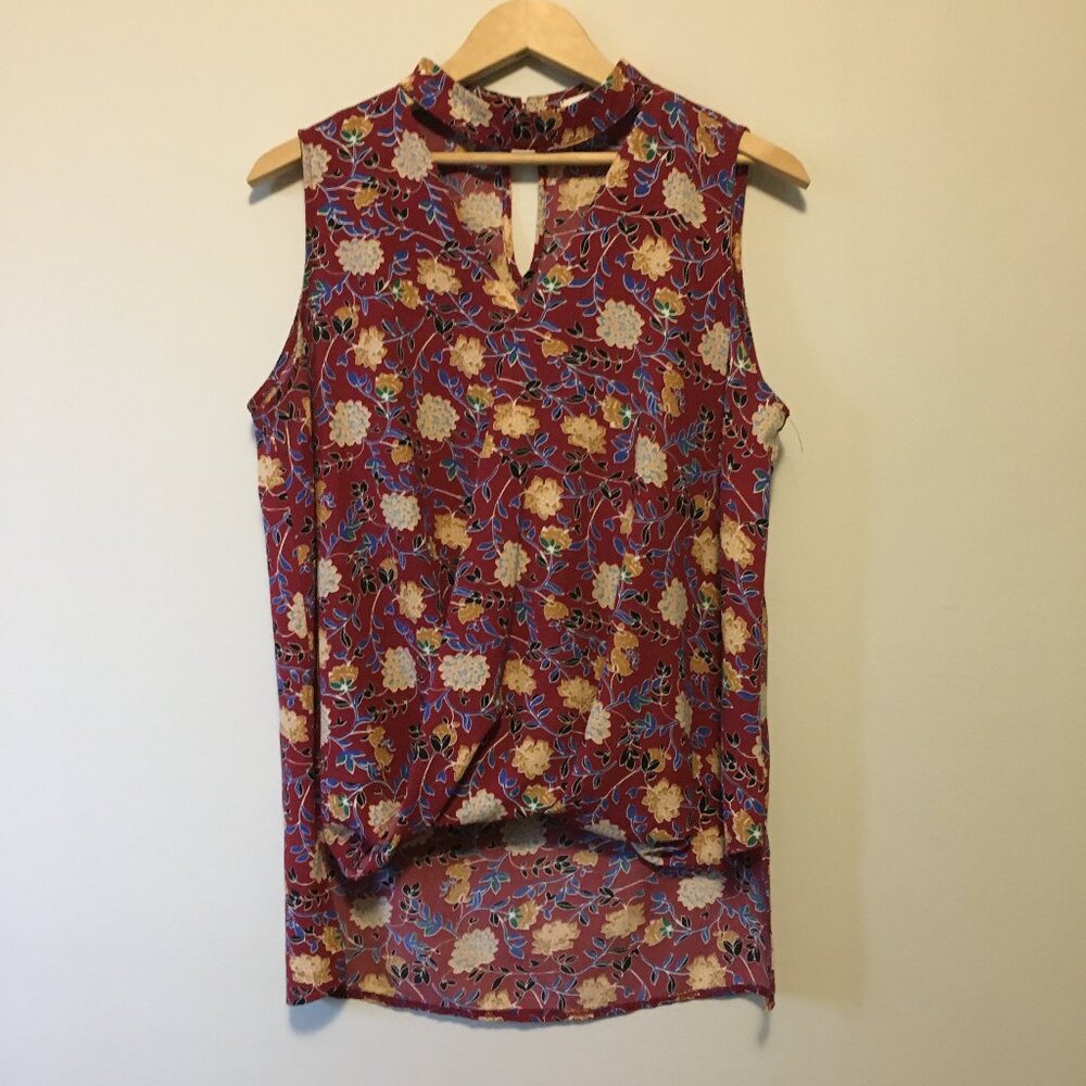 Valleygirl Burgundy Floral Sleeveless Keyhole Halter Neck Romantic Blouse